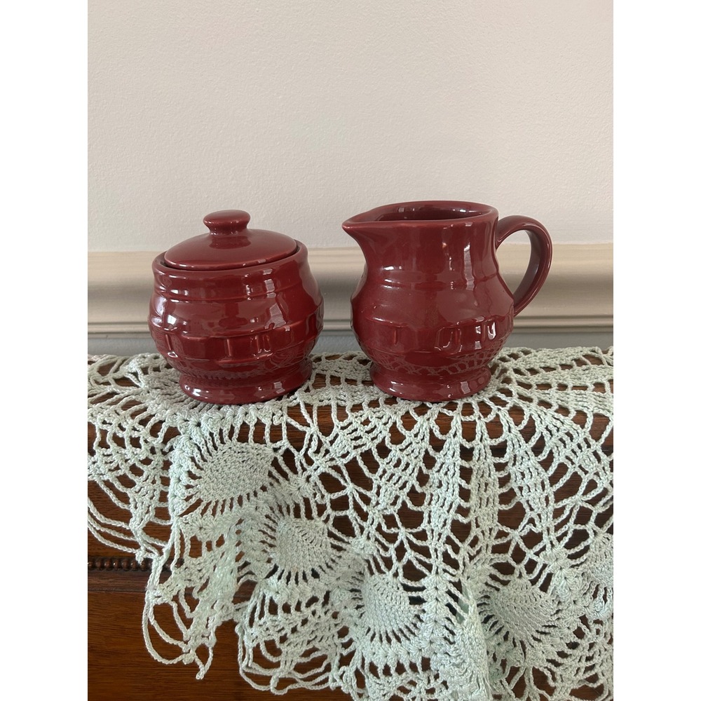 Vintage Burgundy Red Ceramic Creamer and Lidded Sugar Bowl Set Textured Glossy